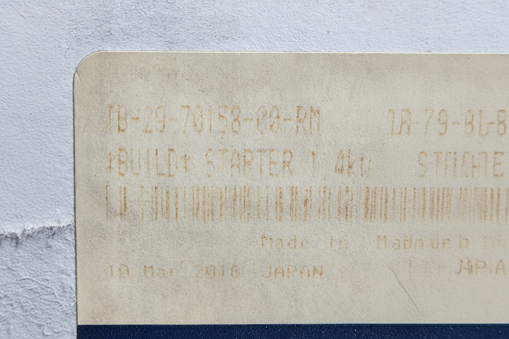 Box label TB-29-70158-00RM Build Starter 1.4kw made in Japan