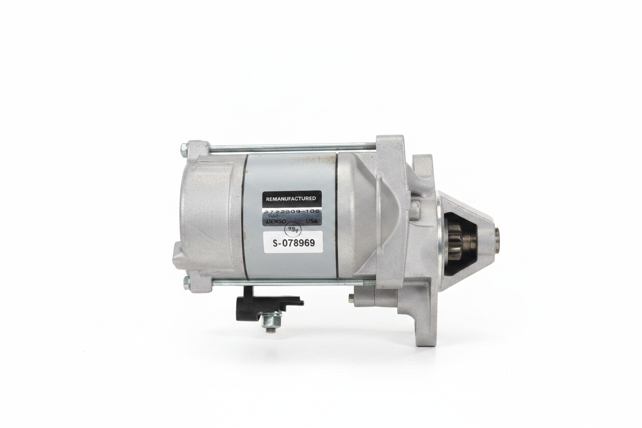 Remanufactured Denso starter motor side view showing REMANUFACTURED label